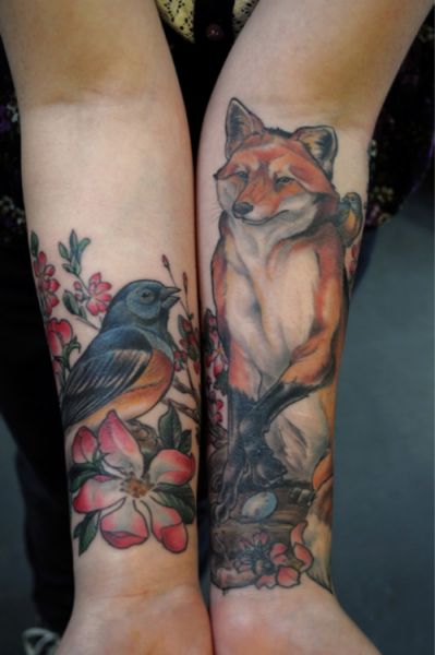 tatuaże damskie lis i ptak